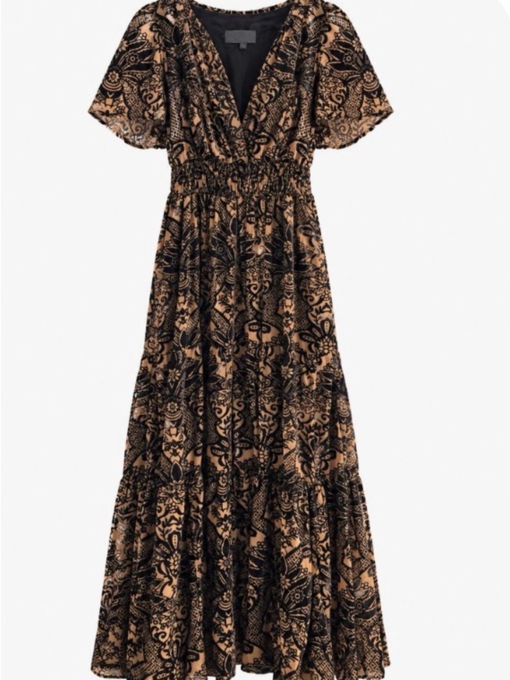 Anthropologie Black and Tan Printed V-Neck Maxi Dress